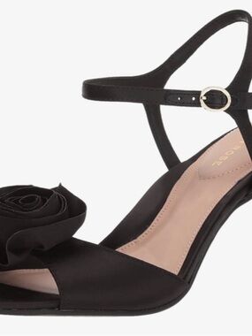 Taryn Rose Black Satin Rose-Embellished Ankle-Strap Sandals